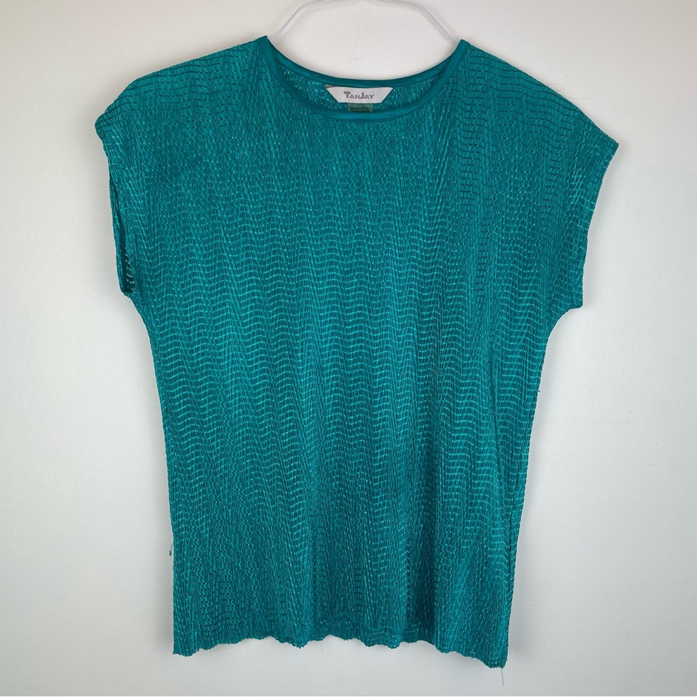 Tanjay Women’s Petite Small Teal Crinkle Short Sleeve Top